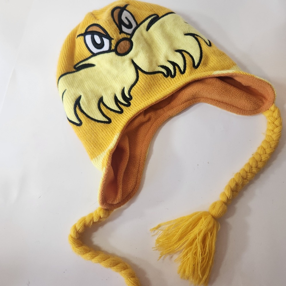 Dr Seuss The Lorax Yellow Knit Laplander Beanie Hat with Braids Fleece Lined